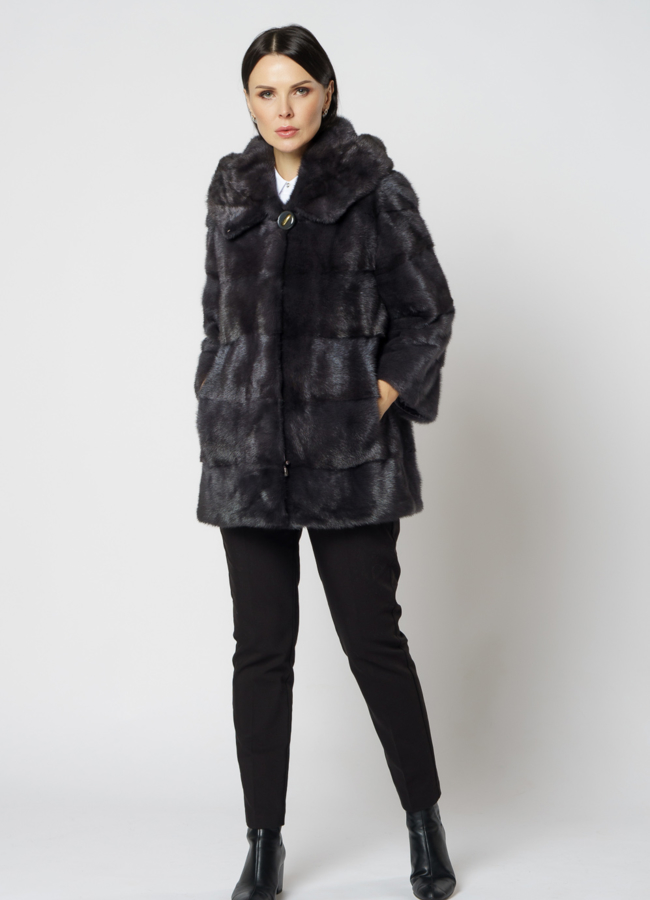 Норковая шуба в цвете графит с капюшоном  модель № 24954 в кредит