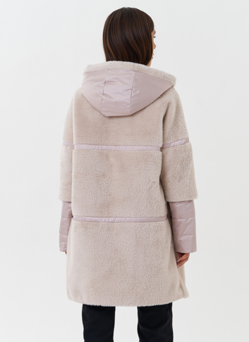 Комбинированное пальто из эко меха с капюшоном