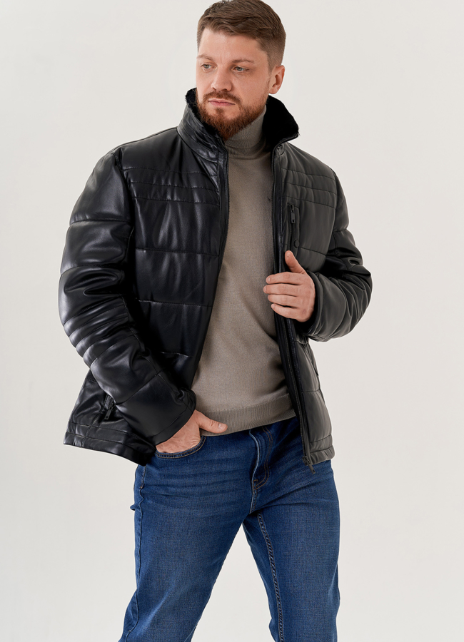 Мужской пуховик из эко кожи  модель № 79600 в кредит