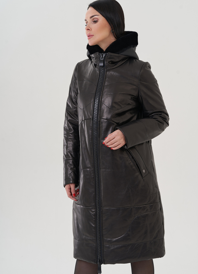 Пуховик из натуральной кожи на молнии с капюшоном модель № 19575 универмаг малина