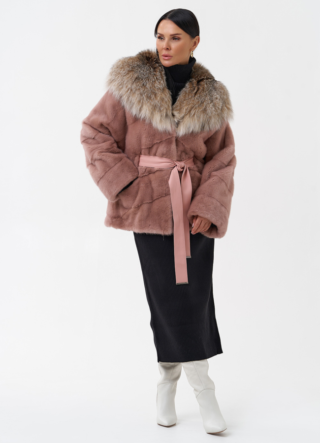 фото Короткая шуба из норки с капюшоном из рыси модель № 29264