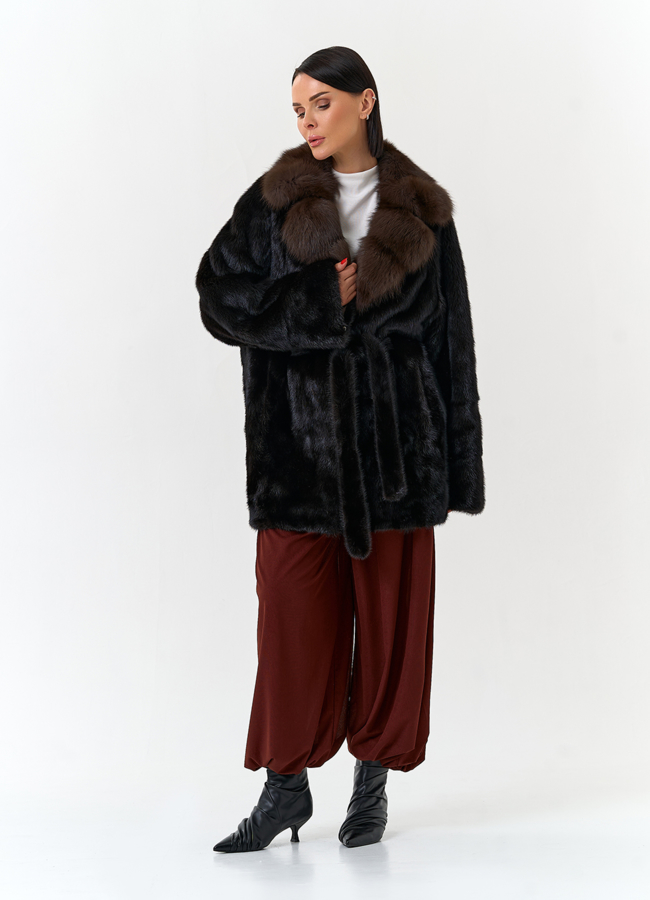 Шуба из меха норки с воротником из меха куницы модель № 32134 универмаг малина