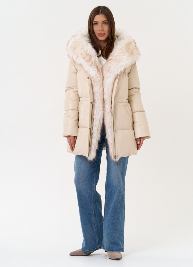 Женский пуховик из эко кожи с отделкой из эко меха модель № 30733 универмаг малина