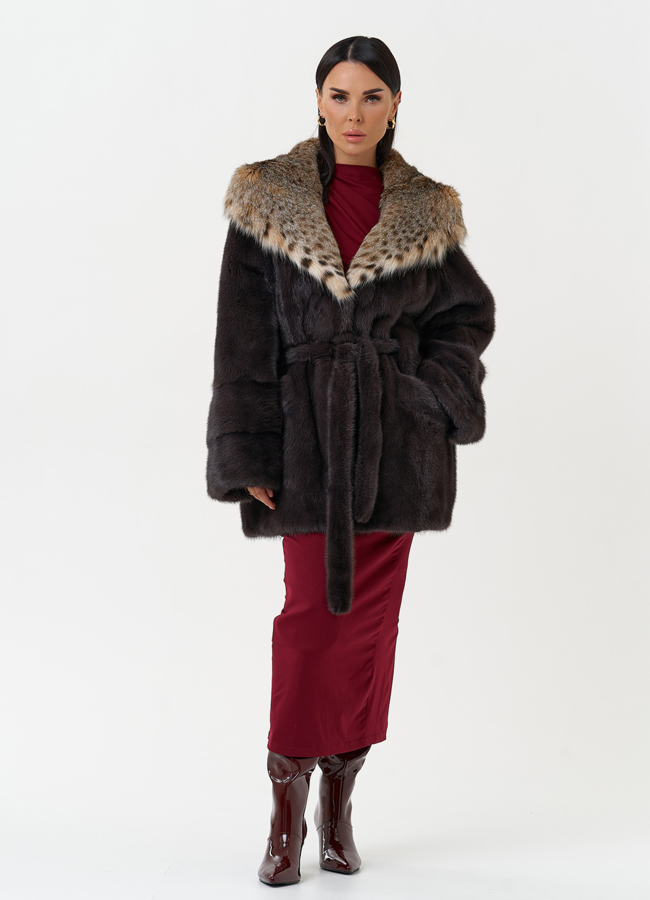 Женская шуба из меха норки с капюшоном из меха рыси модель № 31164 универмаг малина