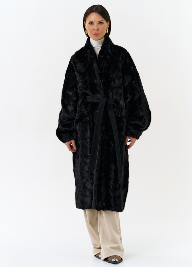 фото Шуба из меха норки с поясом модель № 31183