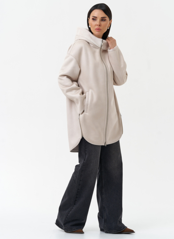 Женская дубленка из эко замши с капюшоном