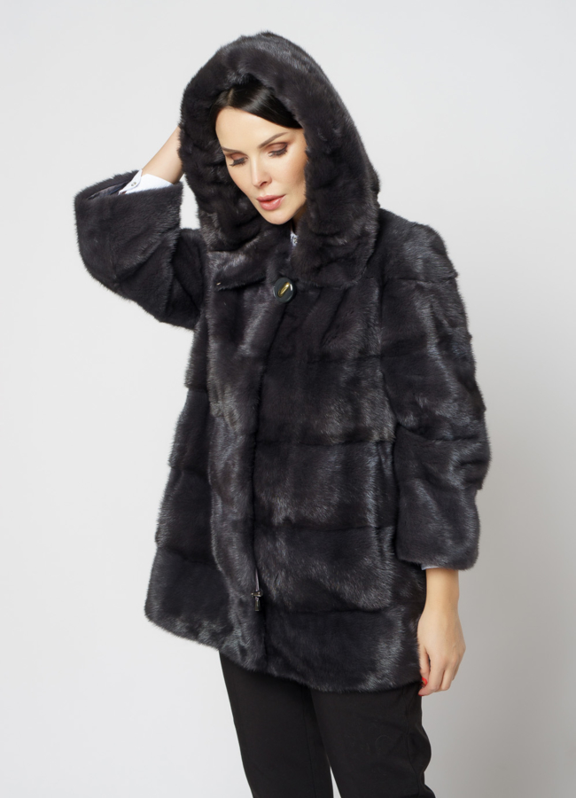 Норковая шуба в цвете графит с капюшоном  модель № 24954 универмаг малина
