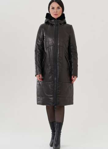 Пуховик из натуральной кожи на молнии с капюшоном