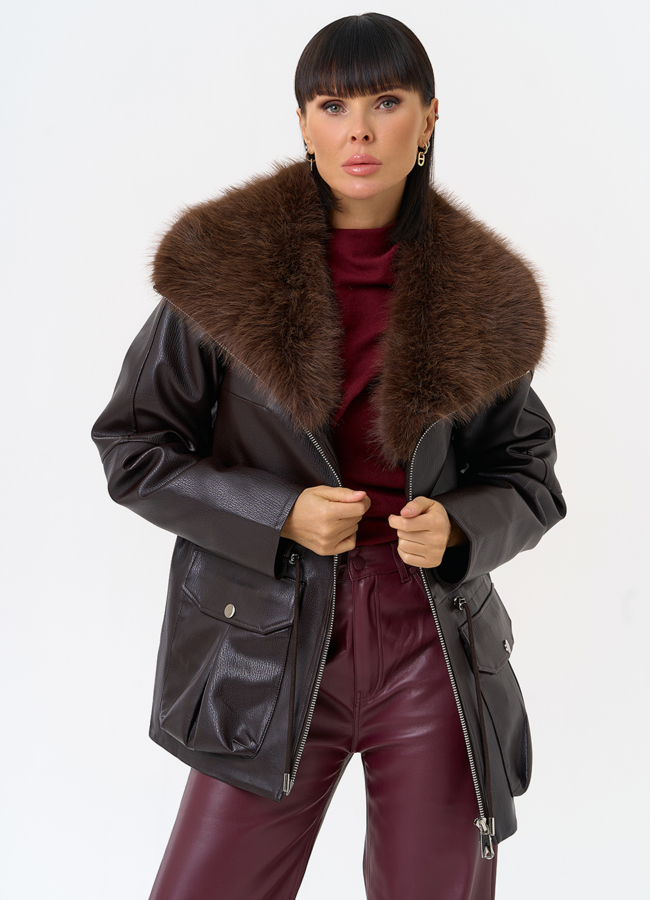 Удлиненная куртка из эко кожи с воротником из эко меха модель № 31541 универмаг малина