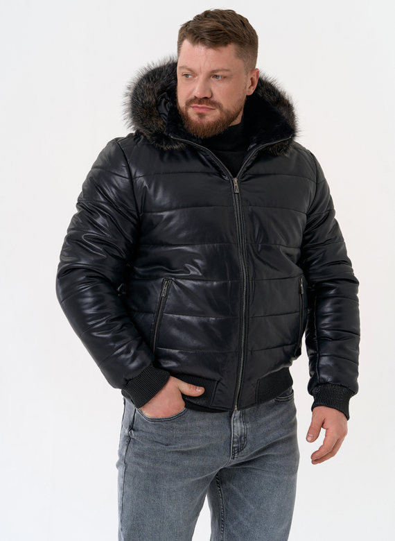 Пуховик из эко кожи черного цвета 