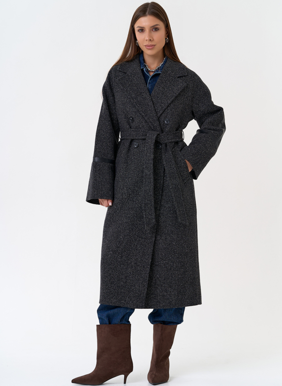 Женское пальто с отделкой из экокожи