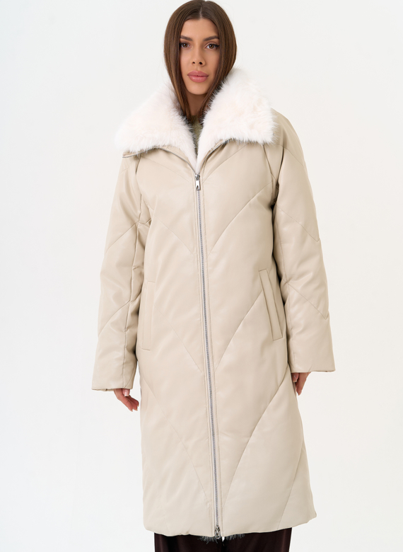 Женский пуховик из эко кожи с отделкой из эко меха