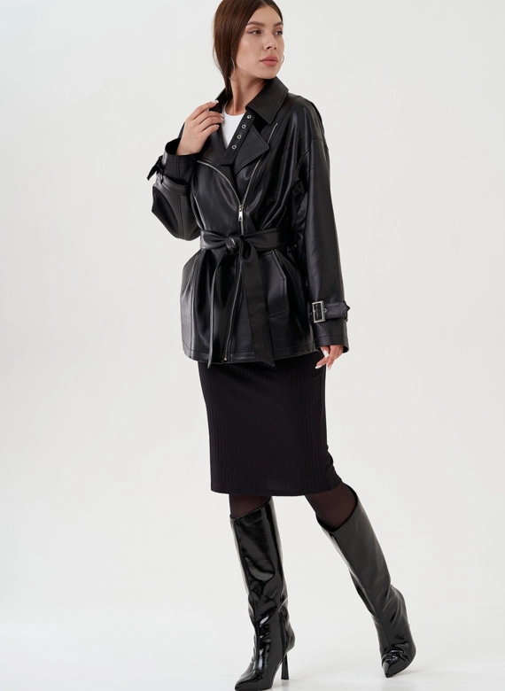 Куртка женская из эко кожи с поясом фото