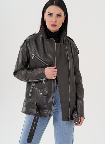 Длинная косуха из натуральной кожи серого цвета