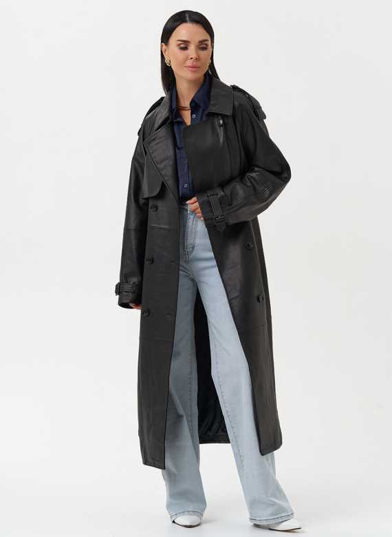 Длинный плащ из натуральной кожи черного цвета