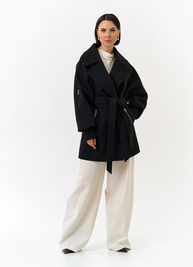 Женское укороченное пальто с декоративными молниями модель № 32805 в кредит