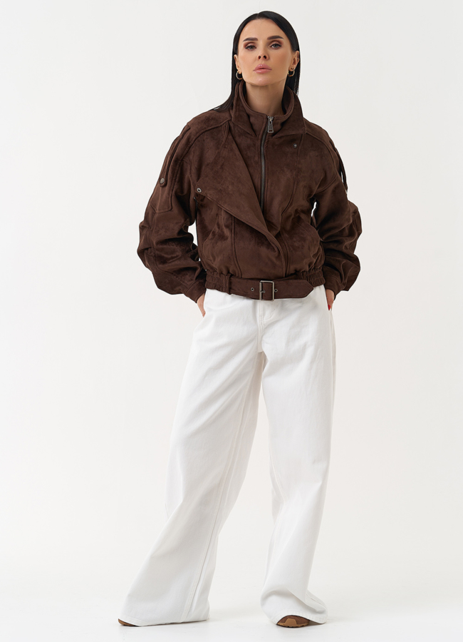 Женская куртка бомбер из эко замши коричневого цвета модель № 30446 универмаг малина