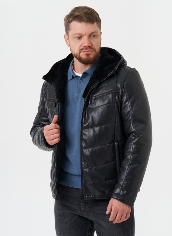 Утепленная куртка из эко кожи с капюшоном
