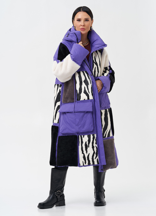 фото Комбинированный женский пуховик с капюшоном модель № 28372