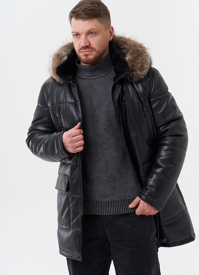 Пуховик из эко кожи с капюшоном из меха енота модель № 28584 универмаг малина