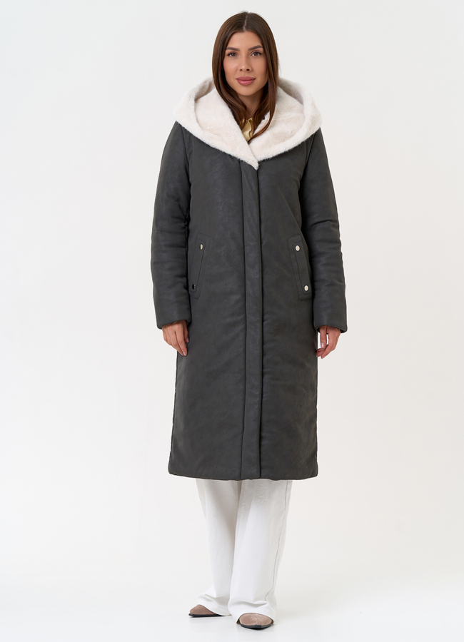 Пуховик из эко кожи с капюшоном из эко меха модель № 27733 в рассрочку