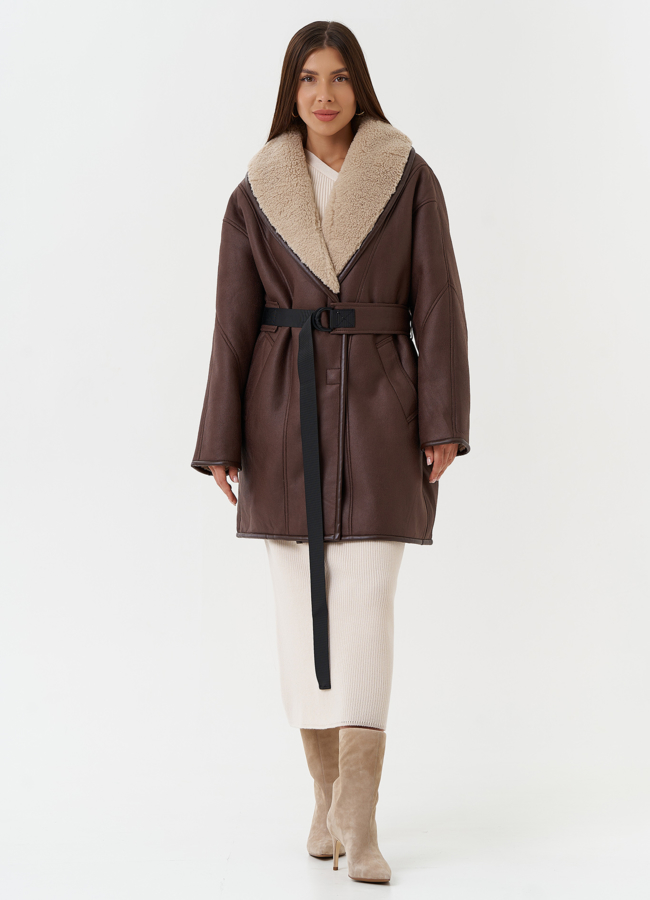 Женская дубленка из эко кожи с воротником шаль модель № 28526 меха малина