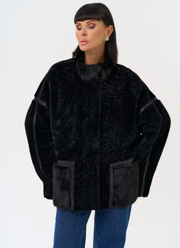 Женская двухсторонняя дубленка с воротником стойкой