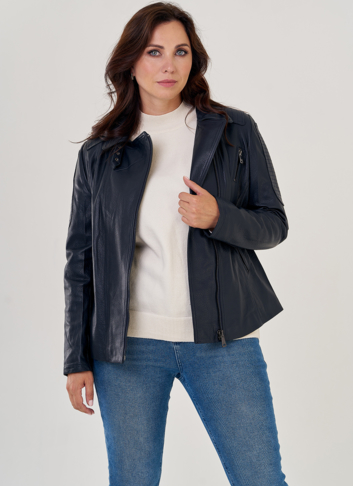 Куртка косуха из натуральной кожи в синем цвете