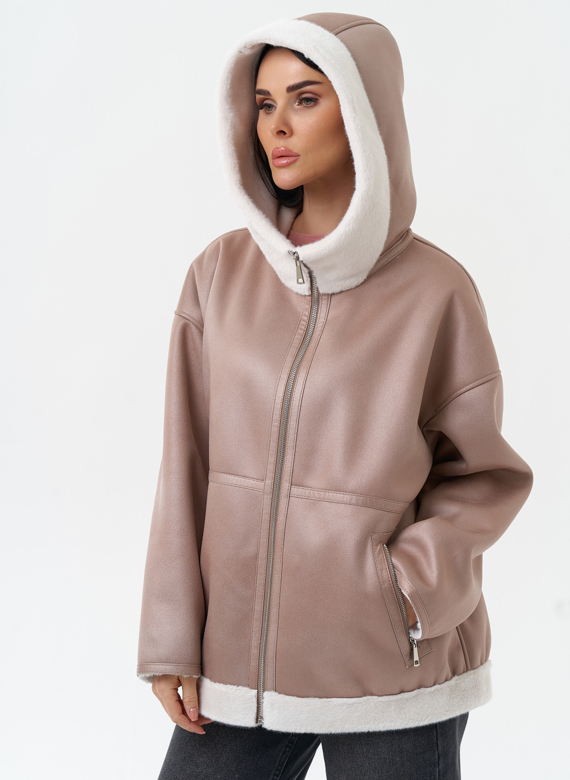 Женская дубленка из эко замши с капюшоном