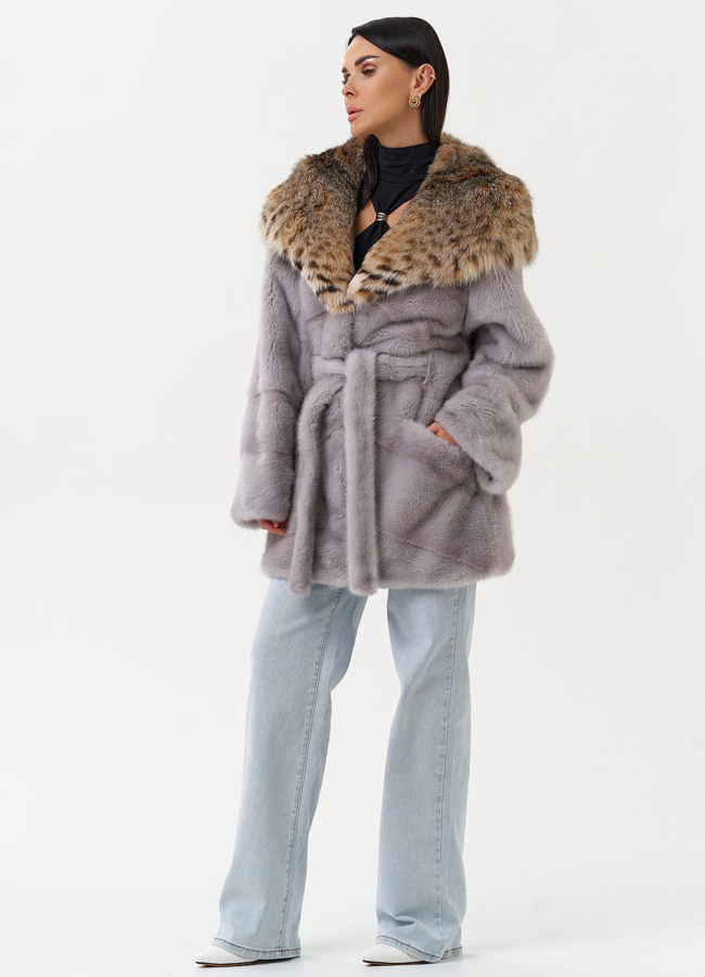 Женская шуба из меха норки с капюшоном из меха рыси модель № 31166 универмаг малина