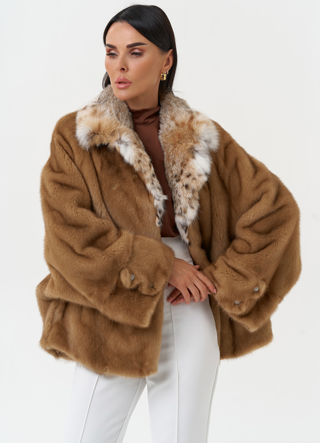 Куртка из меха норки с воротником их меха рыси модель № 31169 универмаг малина