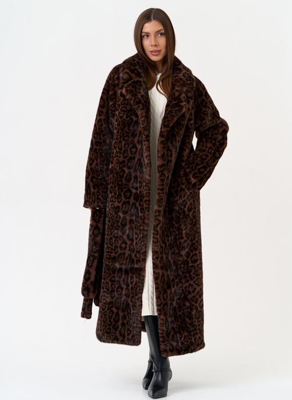 Длинная шуба из эко меха с анималистическим принтом