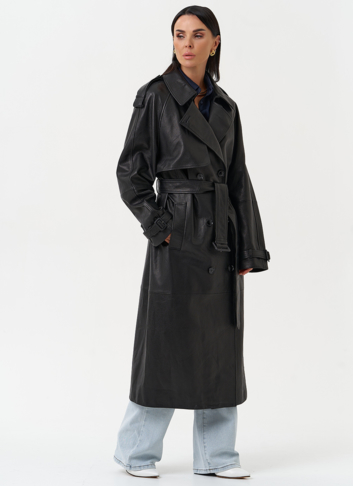 Длинный плащ из натуральной кожи черного цвета