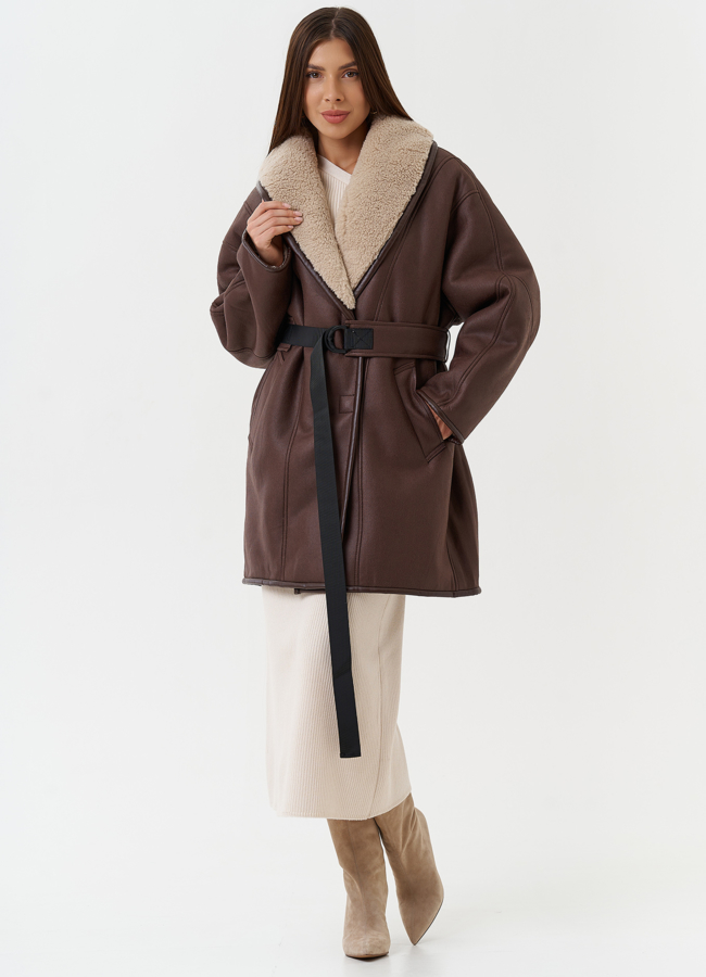 Женская дубленка из эко кожи с воротником шаль модель № 28526 в кредит